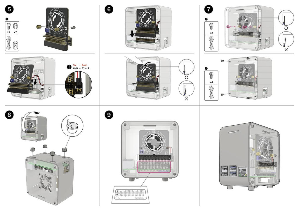 Raspberry Pi aluminum case instruction diagram with fan, acrylic cover, and port panel.
