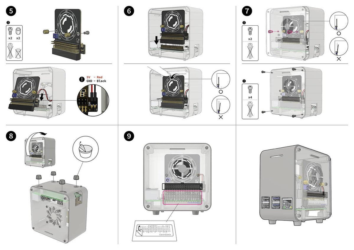 Raspberry Pi aluminum case instruction diagram with fan, acrylic cover, and port panel.