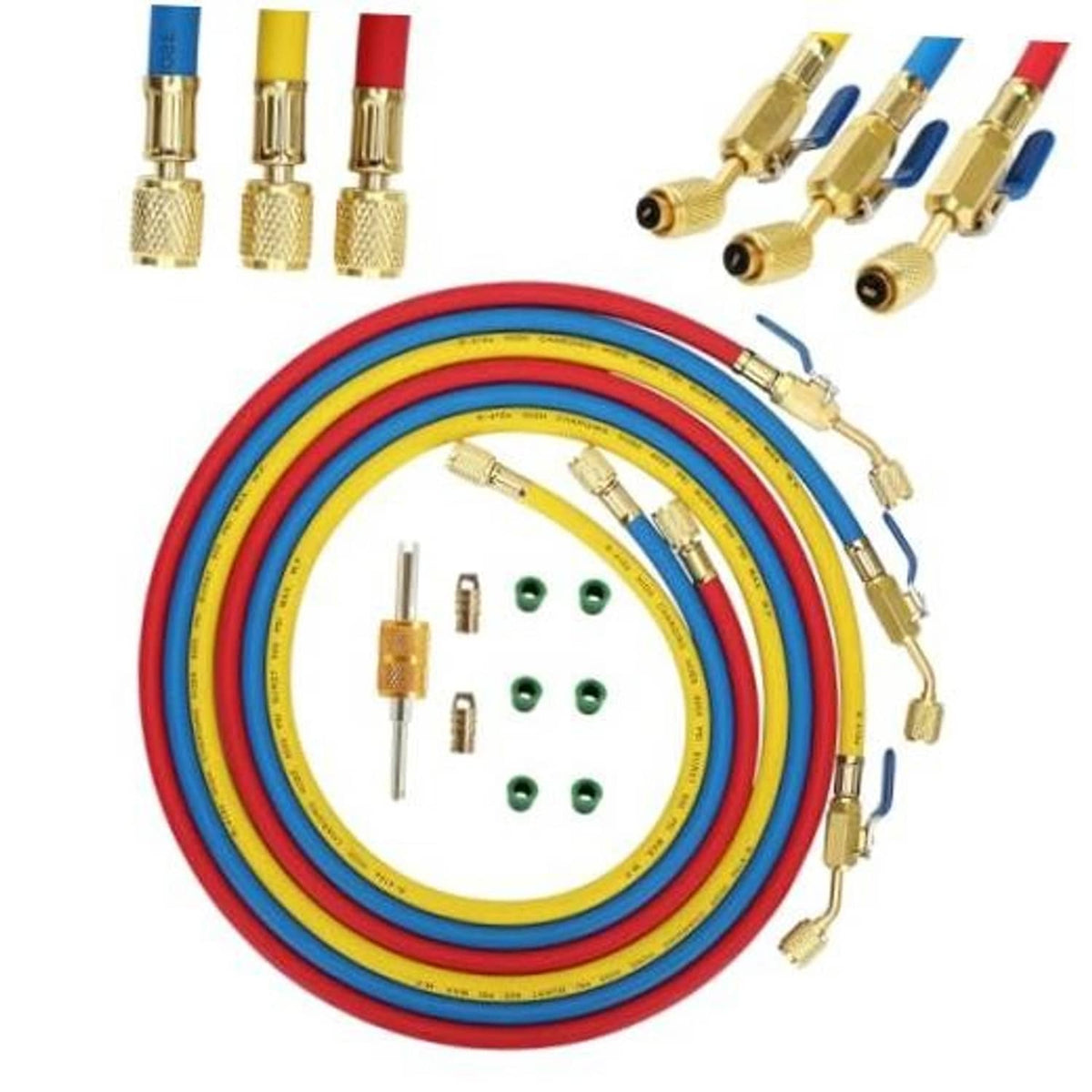 Refrigerant charging hose set with coiled multi-color hoses and brass fittings with valves