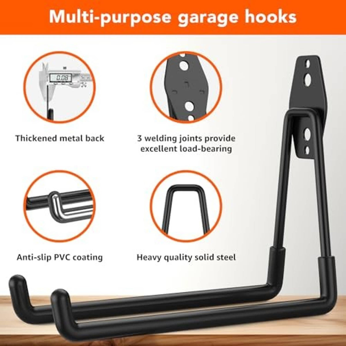 Black solid-steel garage hook with anti-slip PVC coating and reinforced welded joints