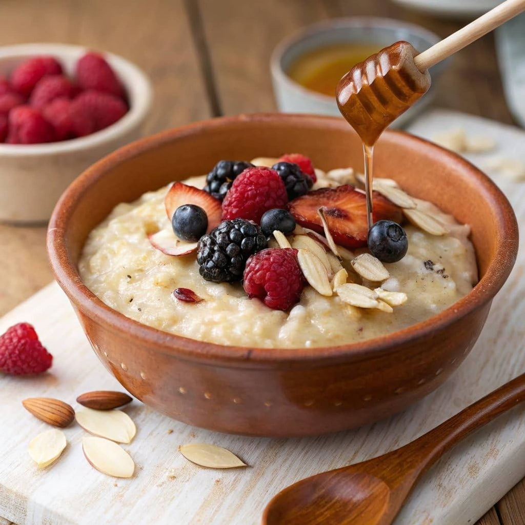 Bowl of oatmeal topped with berries, sliced almonds, and honey drizzle