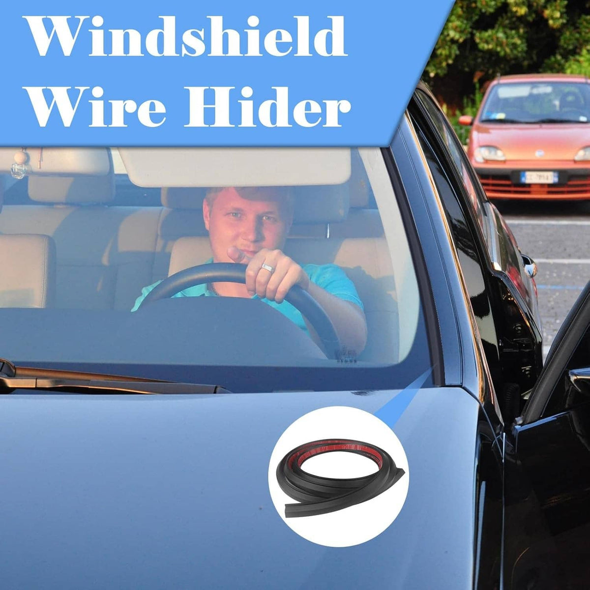 Black windshield wire hider strip for car, shown near the windshield area