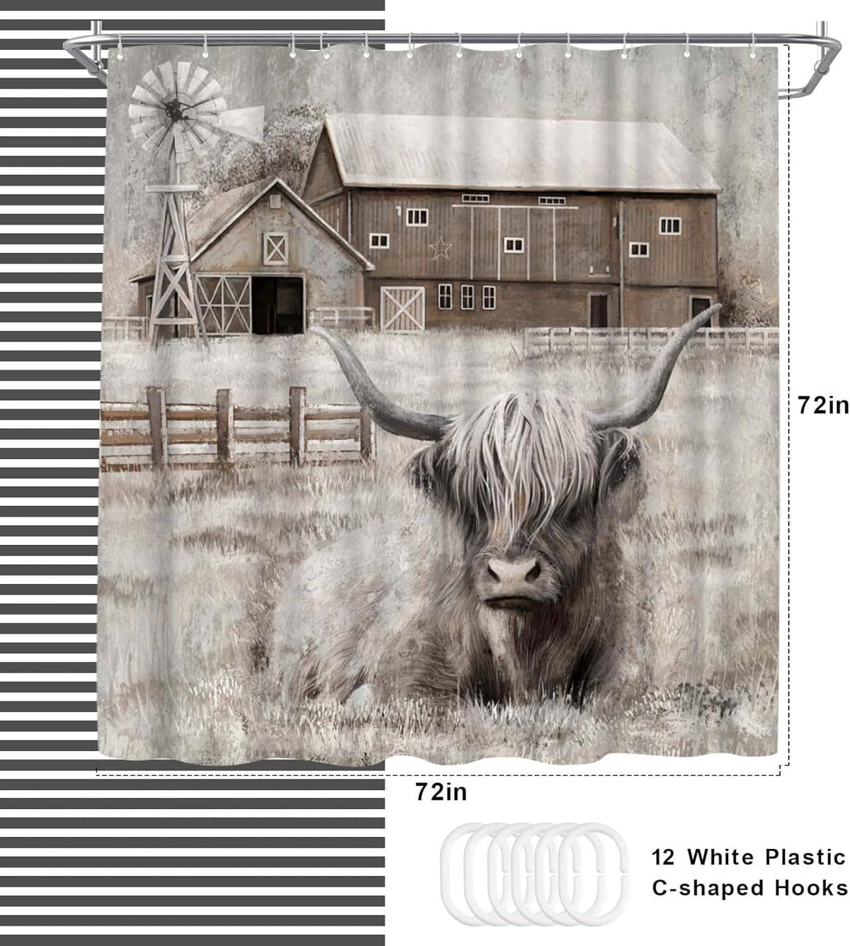 Highland cow shower curtain with barn print, includes white C-shaped hooks and size 72 in