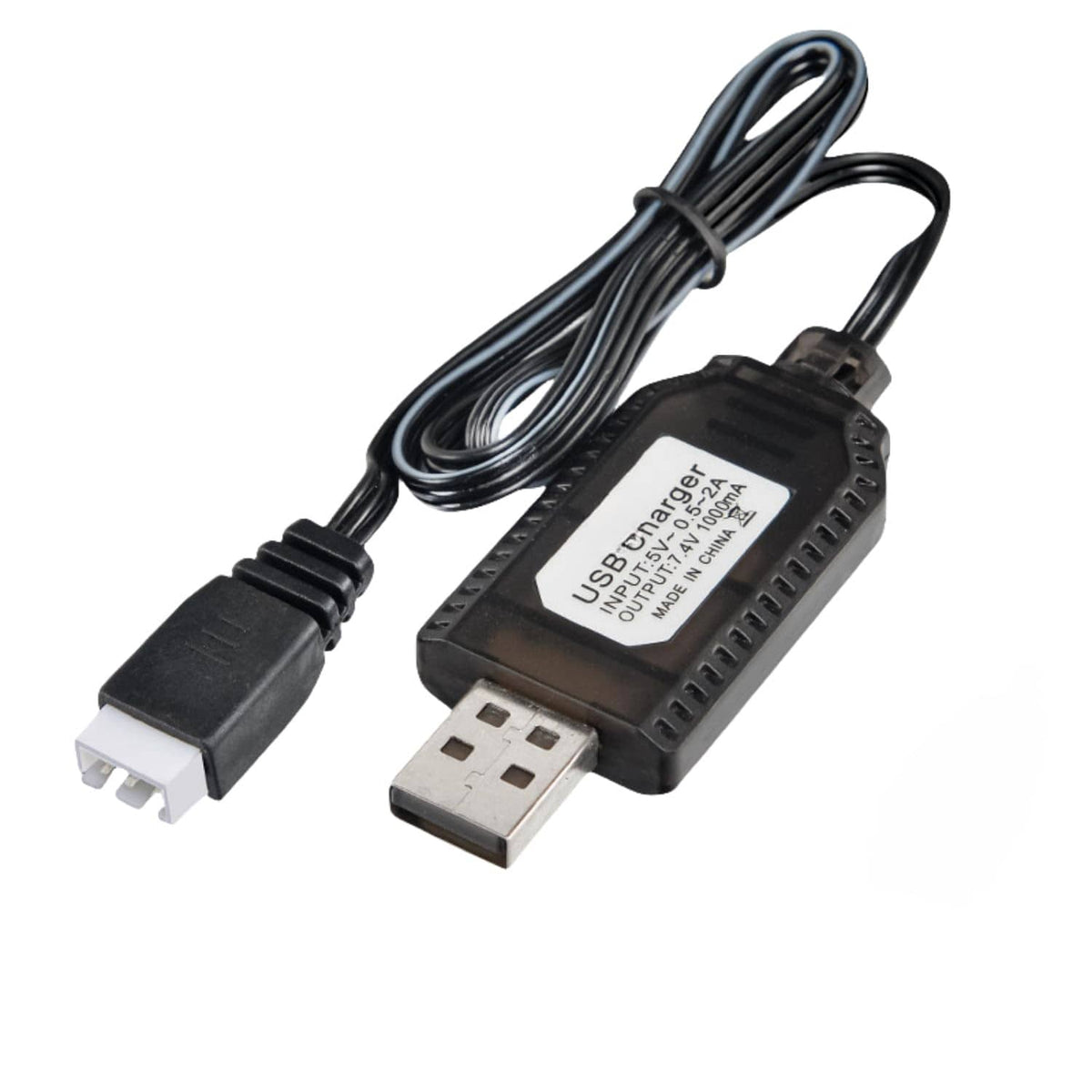 Black USB charger cable with USB-A plug and barrel charging connector, cable bundled