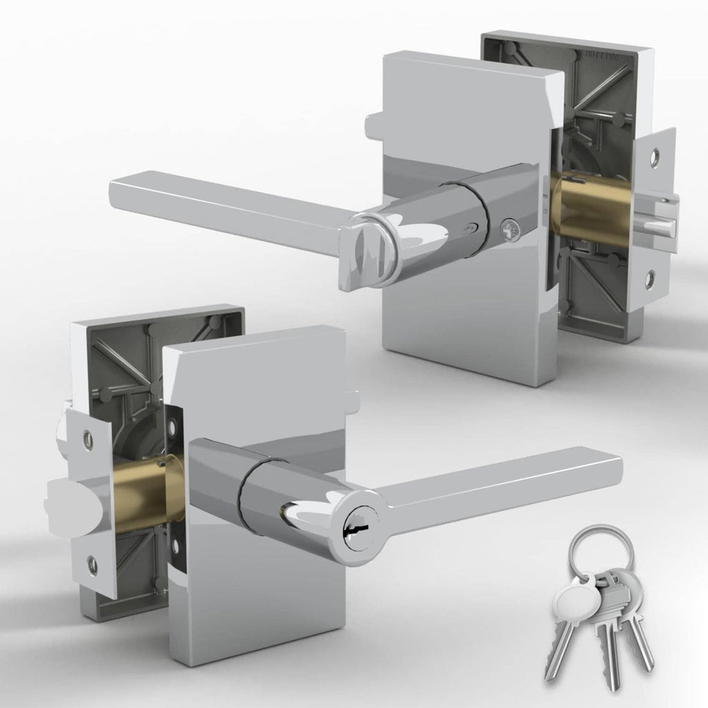 Polished chrome door lever lock handle with keys and latch hardware