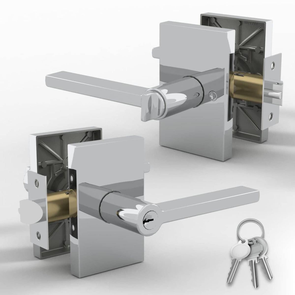 Polished chrome door lever lock handle with keys and latch hardware