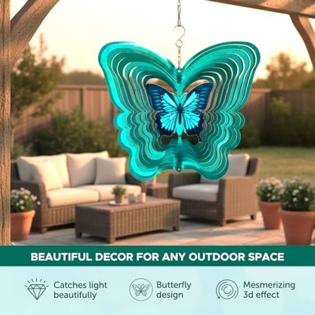 Turquoise butterfly wind spinner hanging outdoors from a ceiling beam