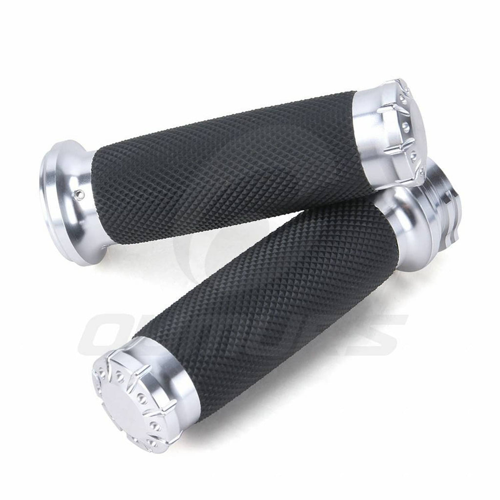 Motorcycle handlebar grips with black textured rubber and chrome end sleeves