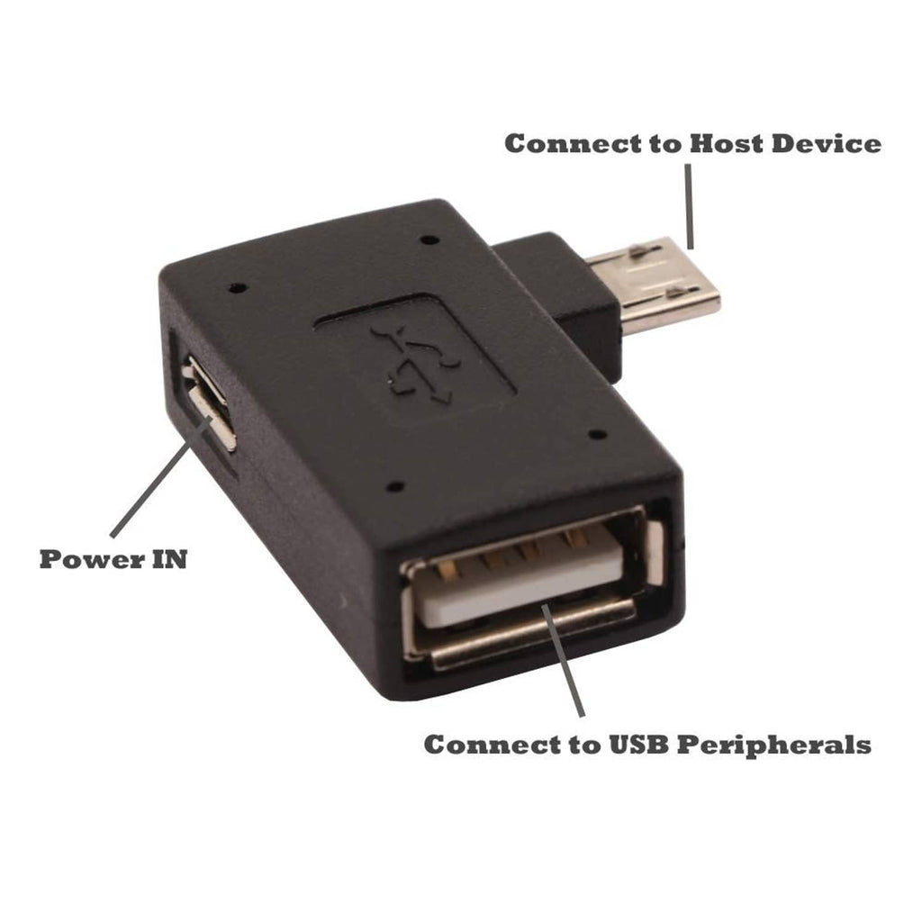 Black micro USB OTG adapter showing power-in and USB-A connector