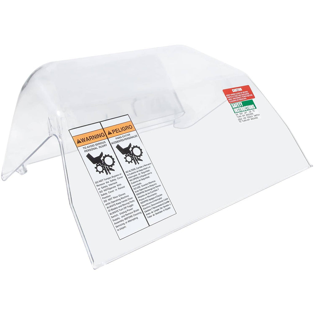 Clear plastic safety cover with warning labels for appliance protection.