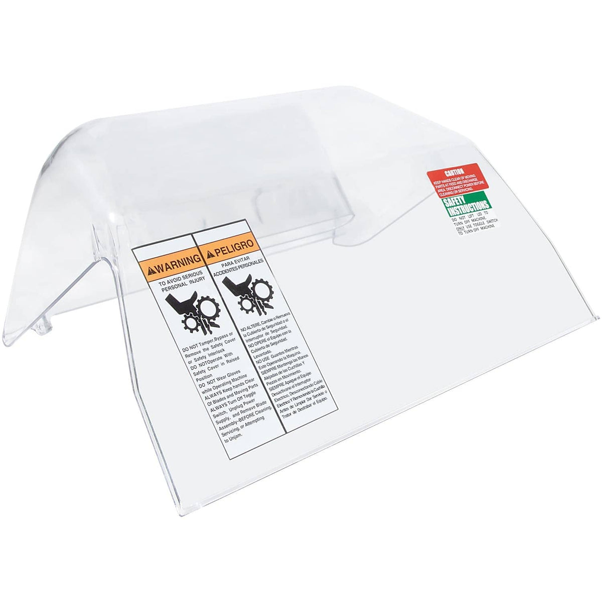 Clear plastic safety cover with warning labels for appliance protection.