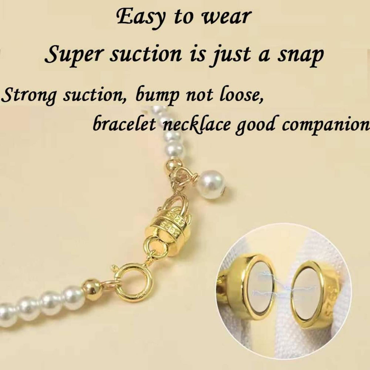 Magnetic clasp extender linking pearl bracelet segments, with close-up inset of the lock