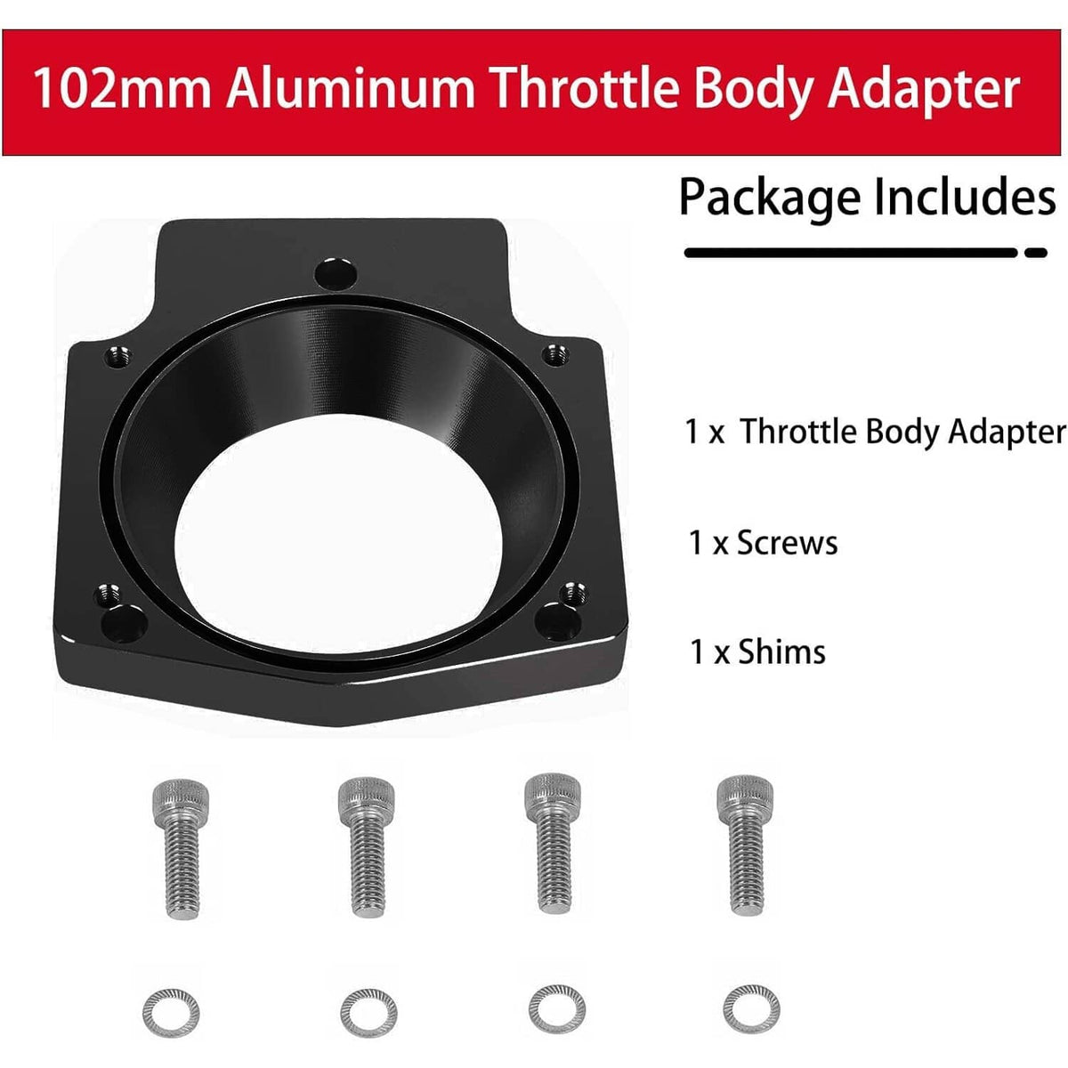 Throttle body adapter spacer plate kit, black plate with screws and shims