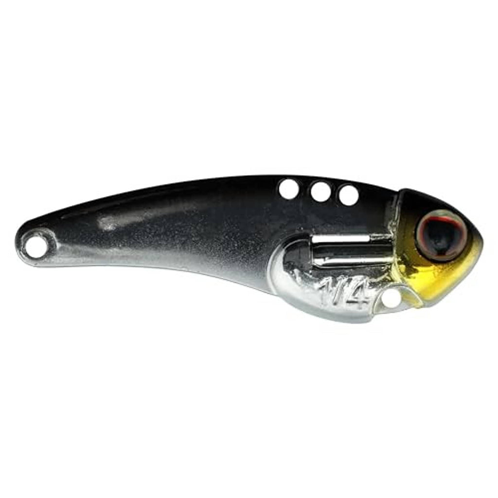 Blade bait fishing lure, black-silver body with yellow eye and treble hook