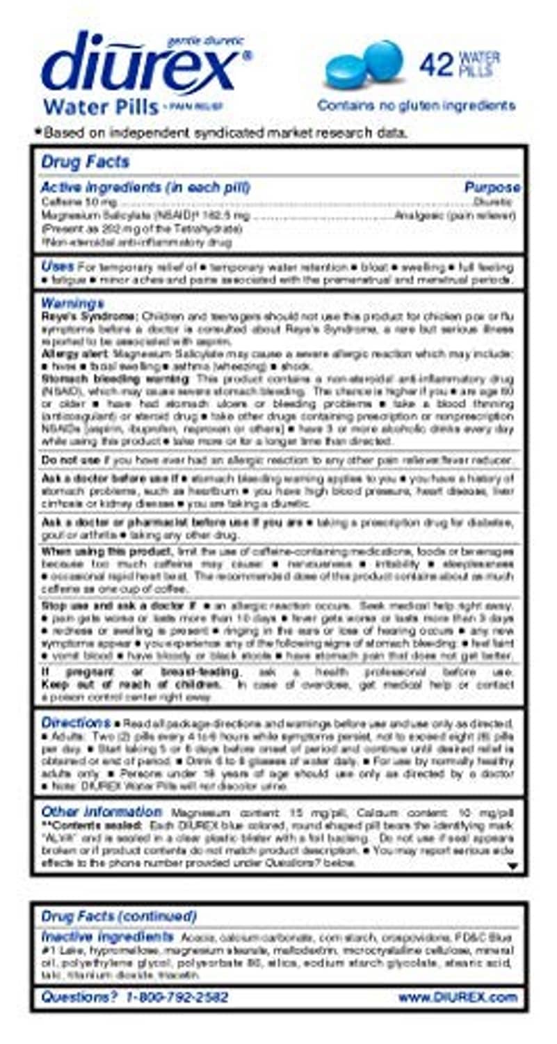 Diurex water pills full drug facts panel with directions and warnings