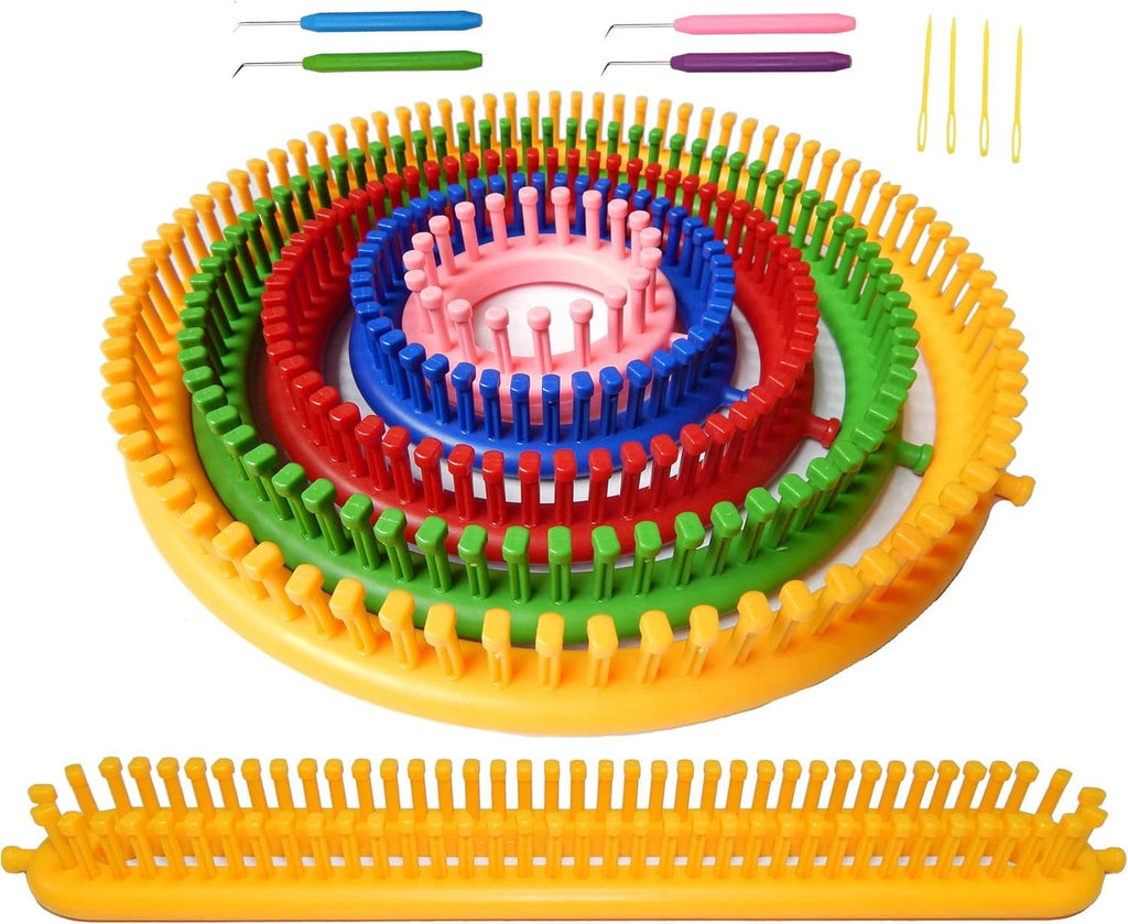 Round knitting loom set with multicolor pegs, circular loom, and matching tool pieces