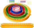 Round knitting loom set with multicolor pegs, circular loom, and matching tool pieces