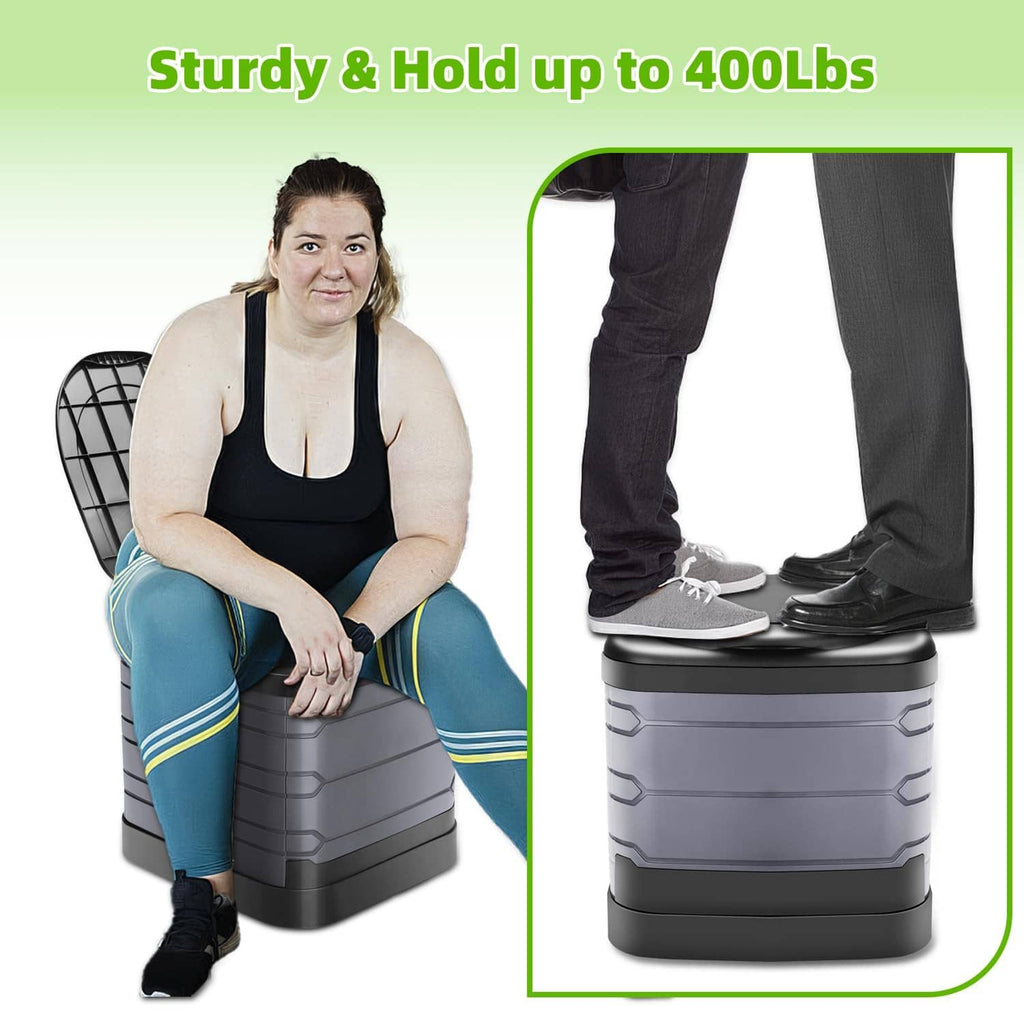 Gray portable camping toilet with sturdy base and black hinged seat lid