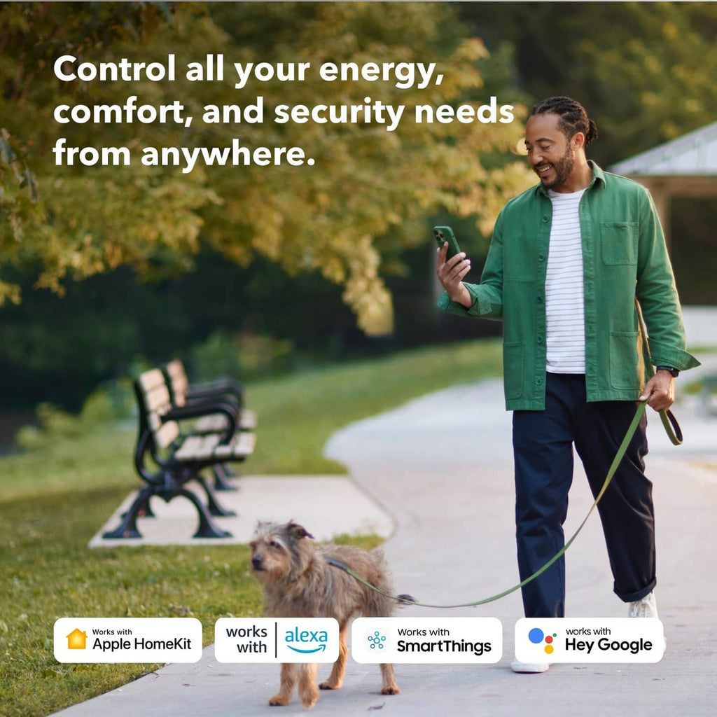 Black ecobee thermostat controlled from a smartphone, showing comfort and security icons