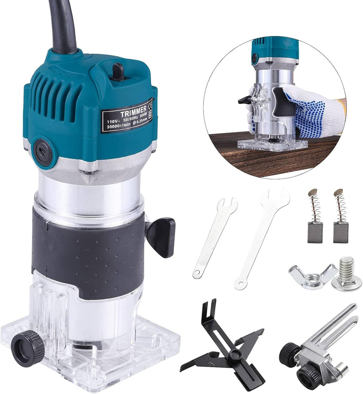 Electric wood router kit with teal motor, clear base, and metal accessory tools