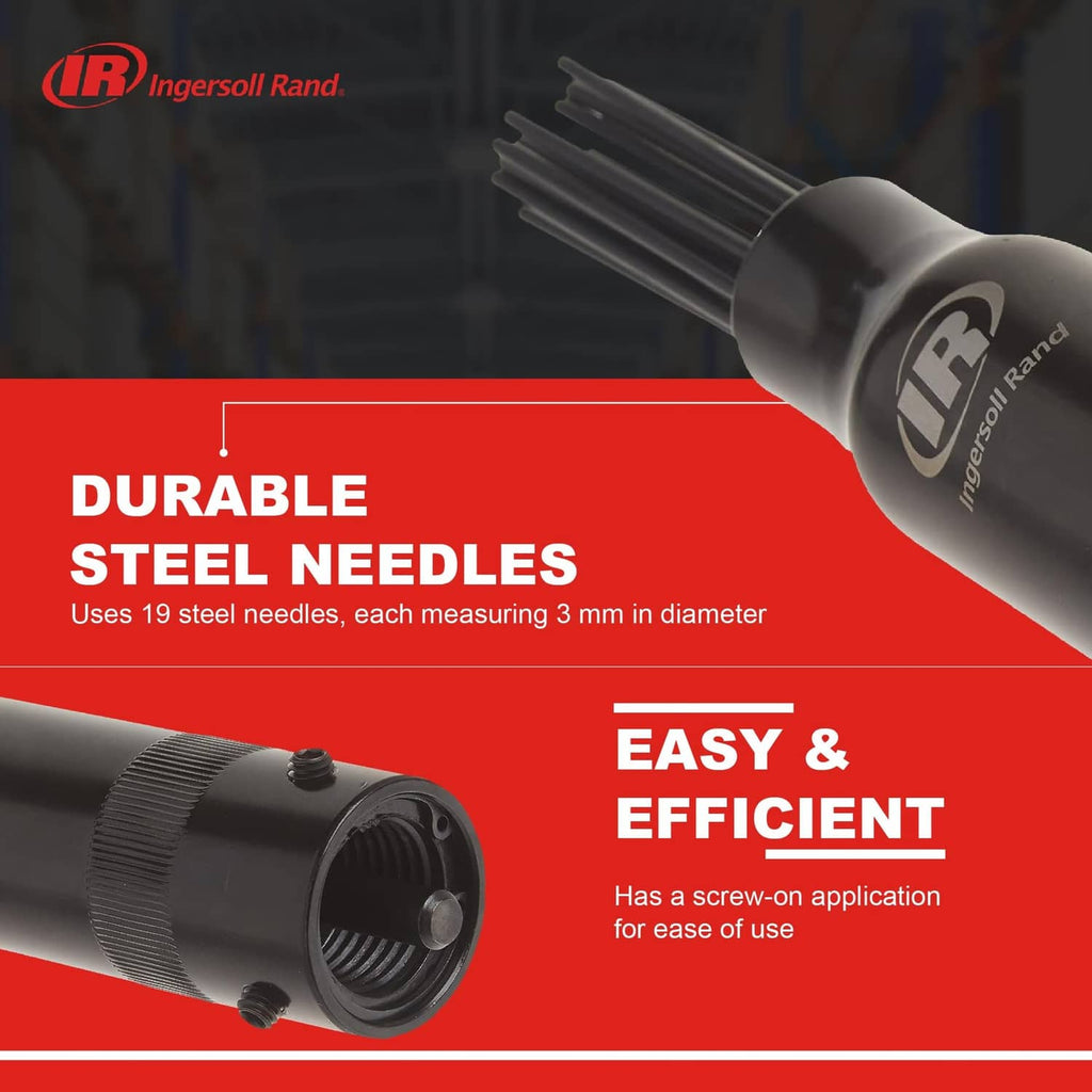 Needle scaler attachment end with multiple steel needles in black metal housing