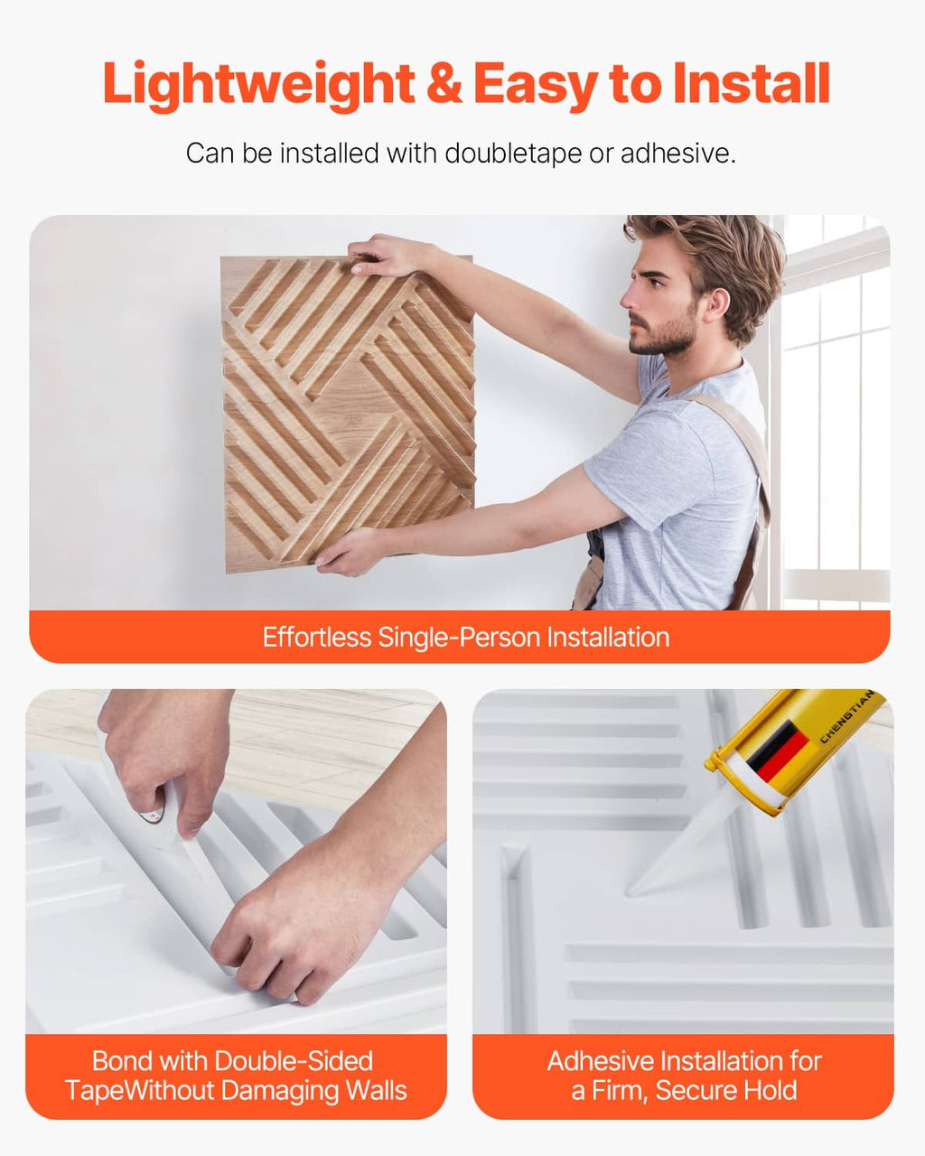 Light wood 3D slat wall panel installation shown with hands and adhesive tape.