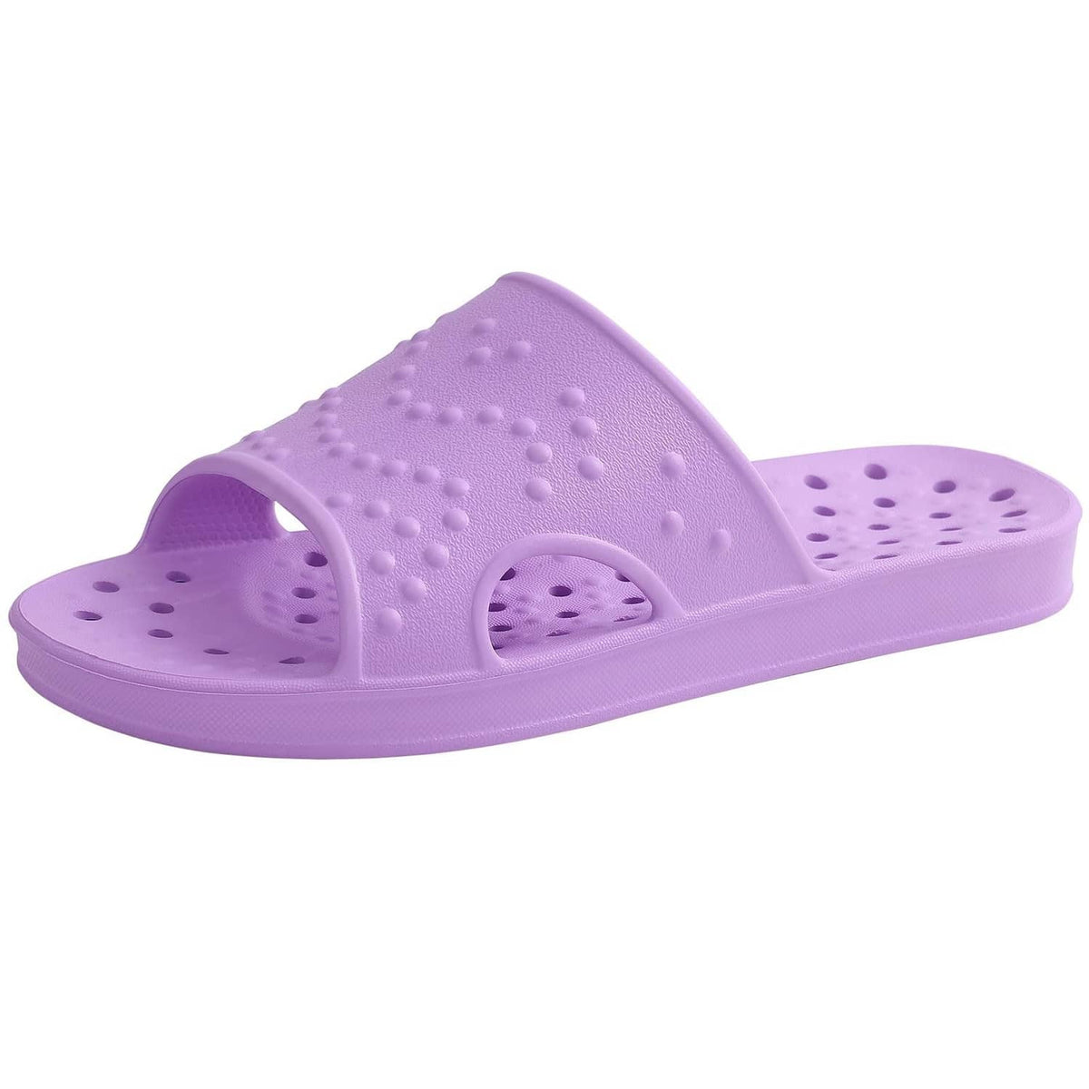 Purple shower slide sandals with open toe and textured footbed.