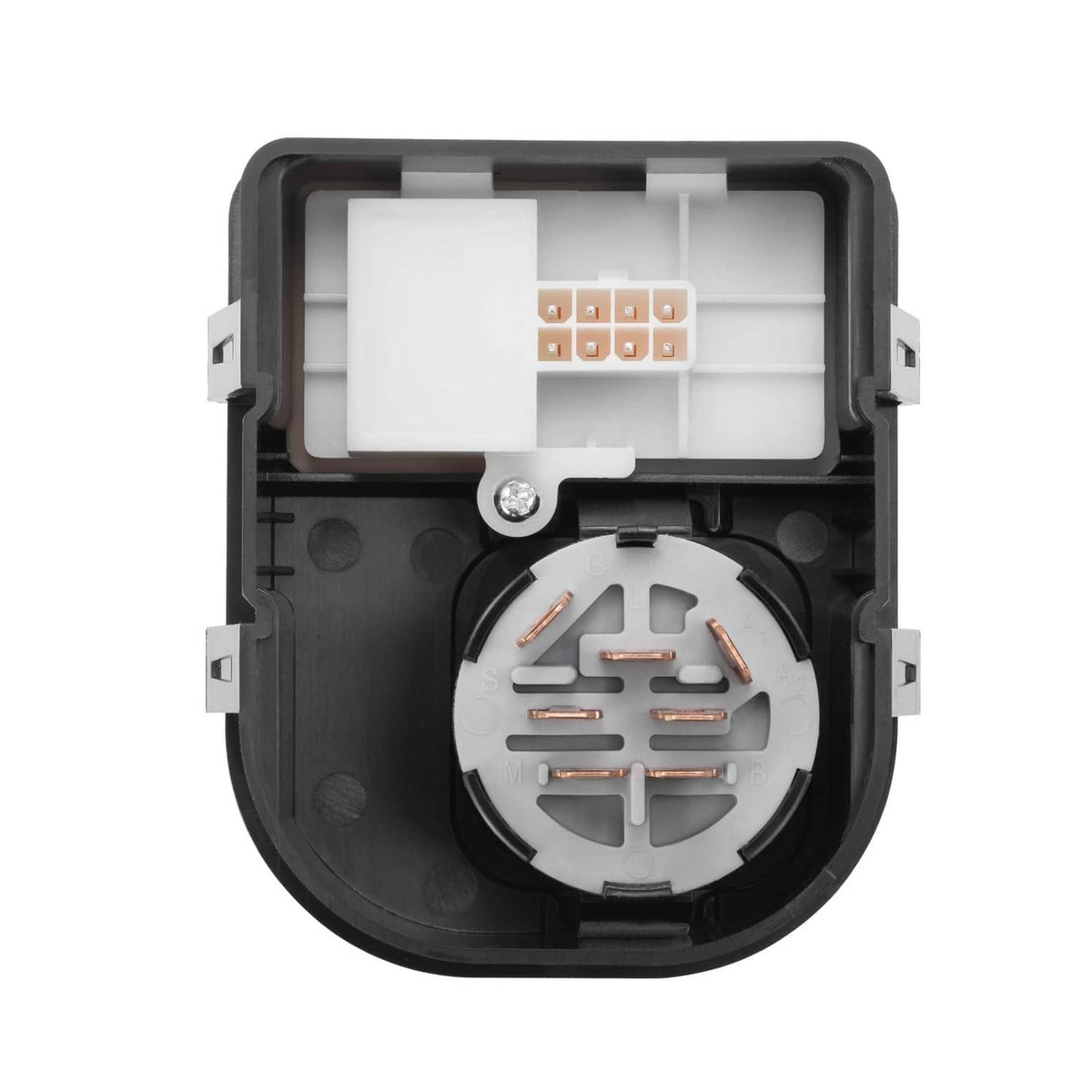 Ignition module switch internal view with copper contacts and electrical terminal block
