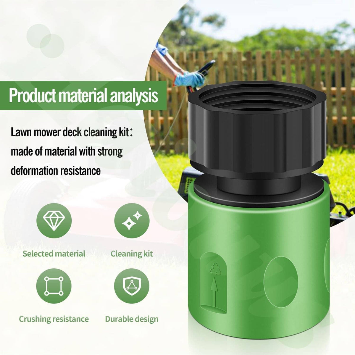 Lawn mower deck wash kit spray connector: green cylinder with black threaded cap