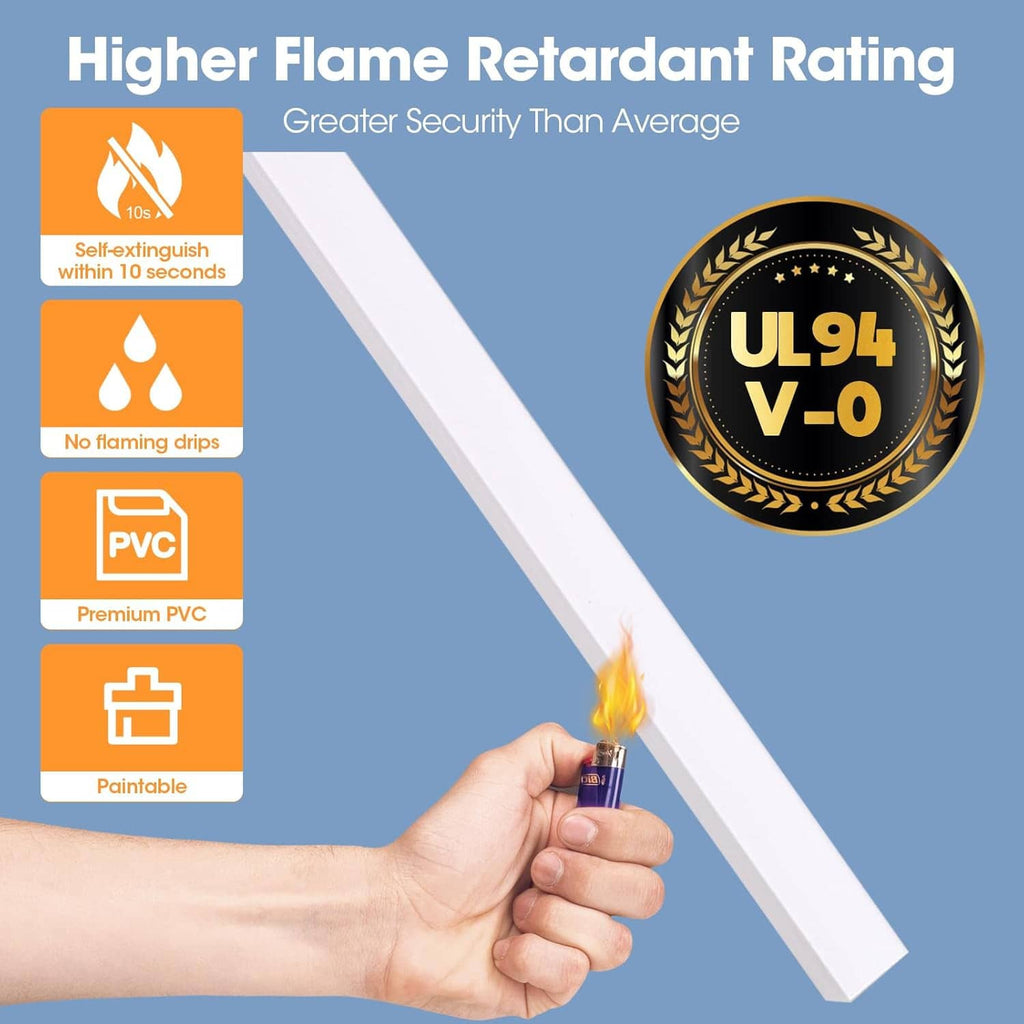 Flame-retardant white cord hider track for cable protection shown with heat test