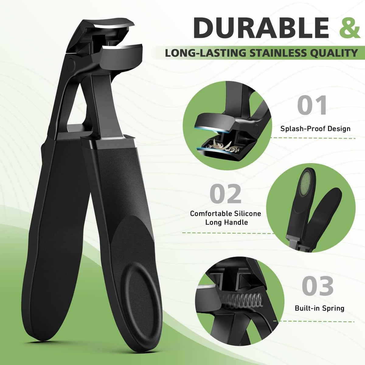 Black long-handled toenail clipper with sturdy frame and blade