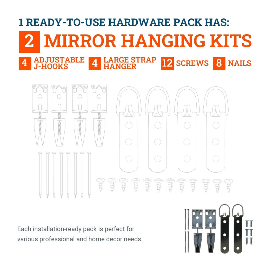 Ready-to-use mirror hanging kits pack with J hooks, hanger strap, screws, and nails