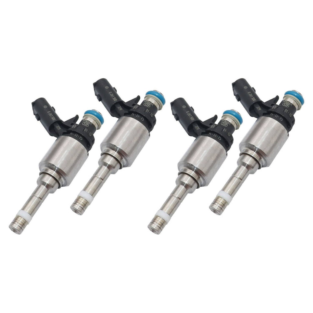 Four fuel injectors shown in angled positions, silver metal bodies and blue sealing rings