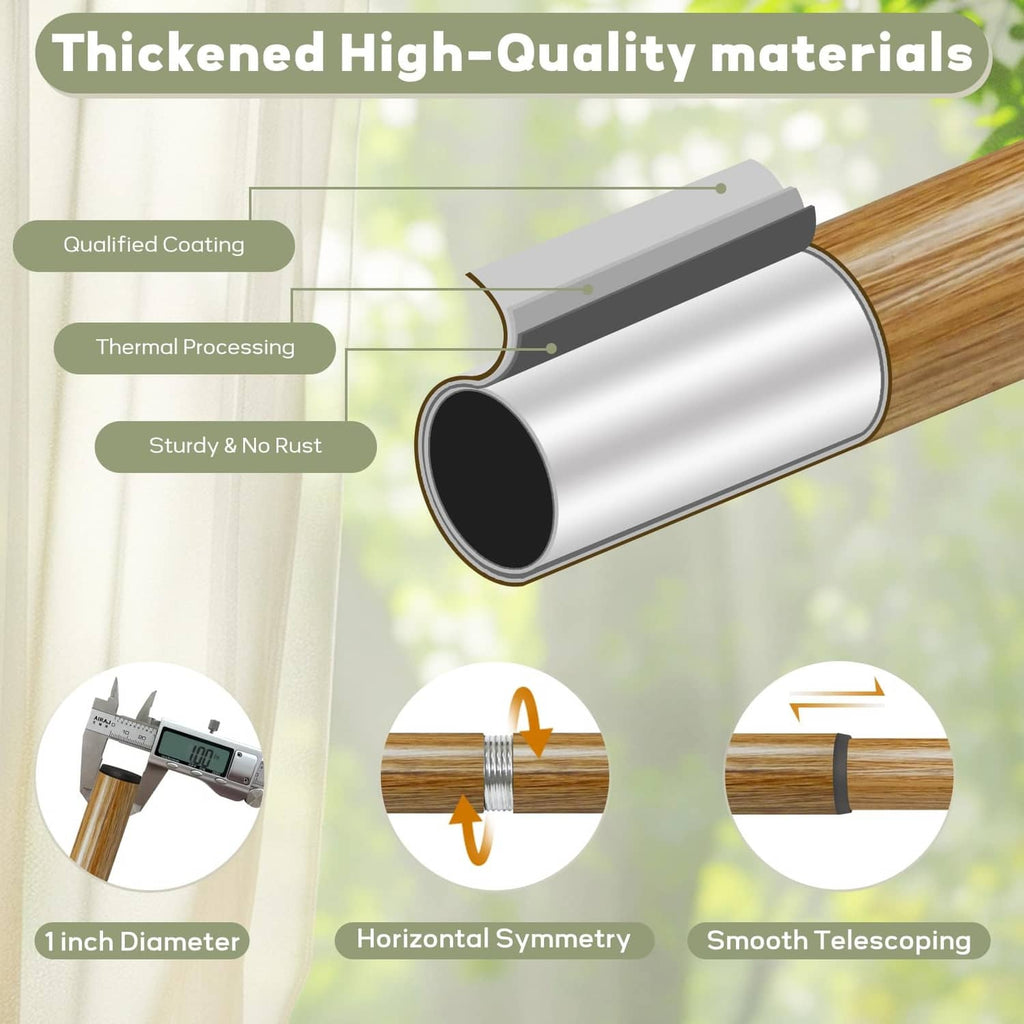 Telescoping curtain rod tube in natural wood with silver core sleeve