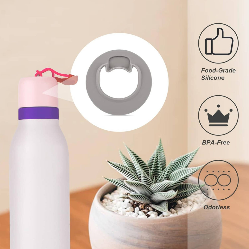 Gray silicone stopper disc for water bottle; BPA-free, food-grade silicone indicators