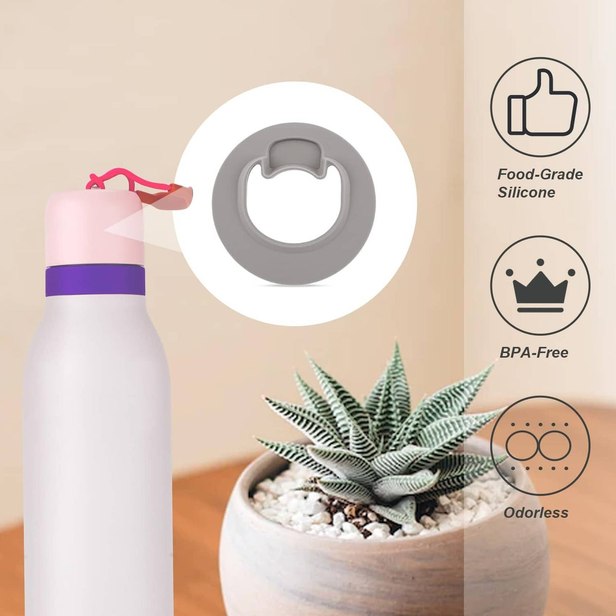 Gray silicone stopper disc for water bottle; BPA-free, food-grade silicone indicators