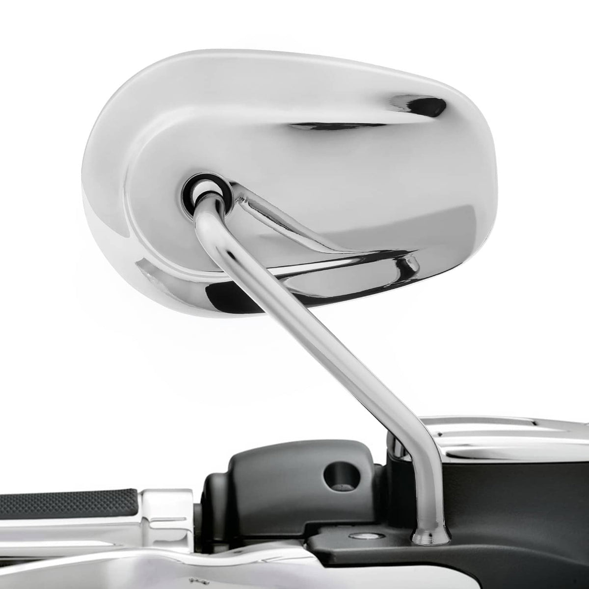 Close-up chrome teardrop rearview mirror with curved arm and stem mount