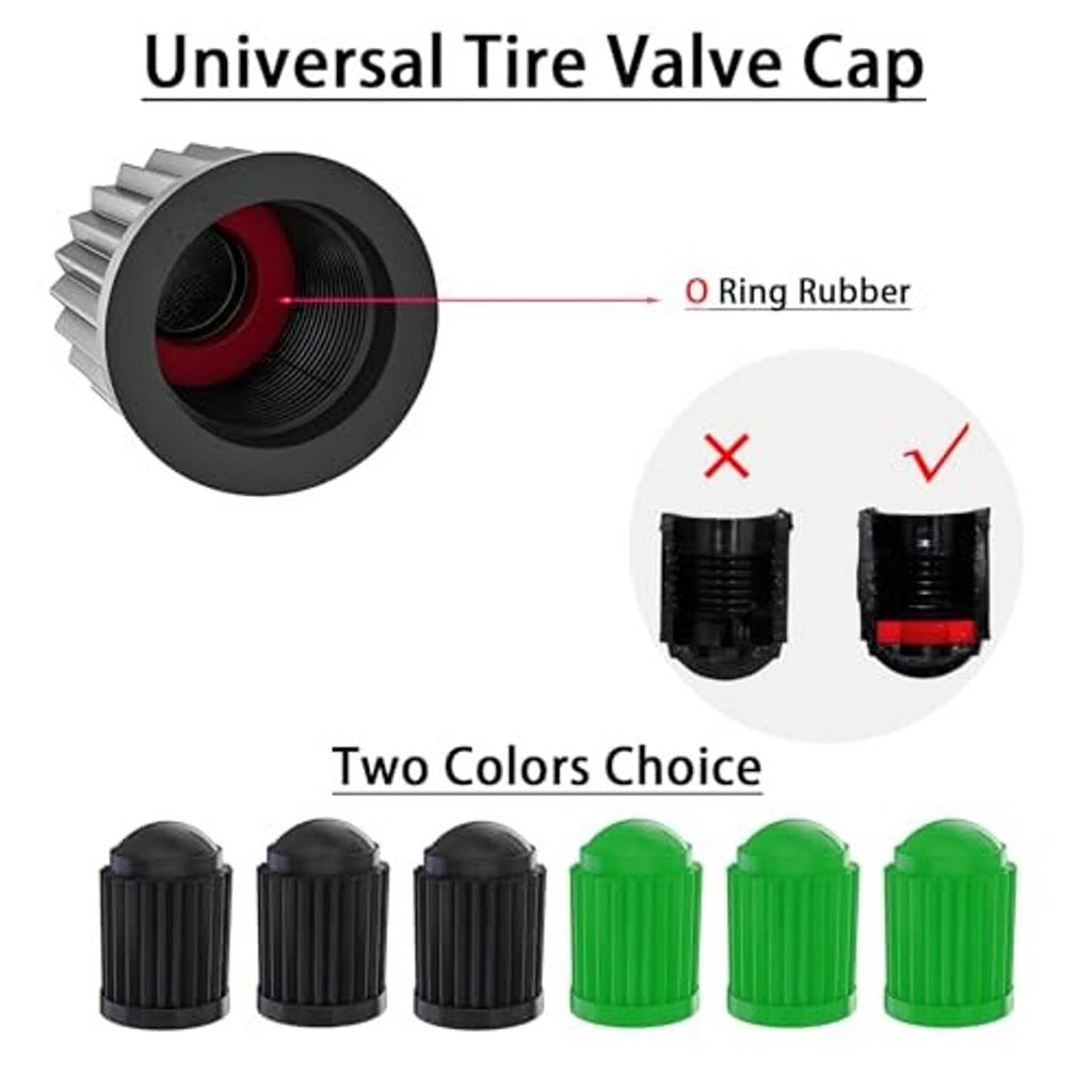 Universal tire valve caps, black and green rubber covers