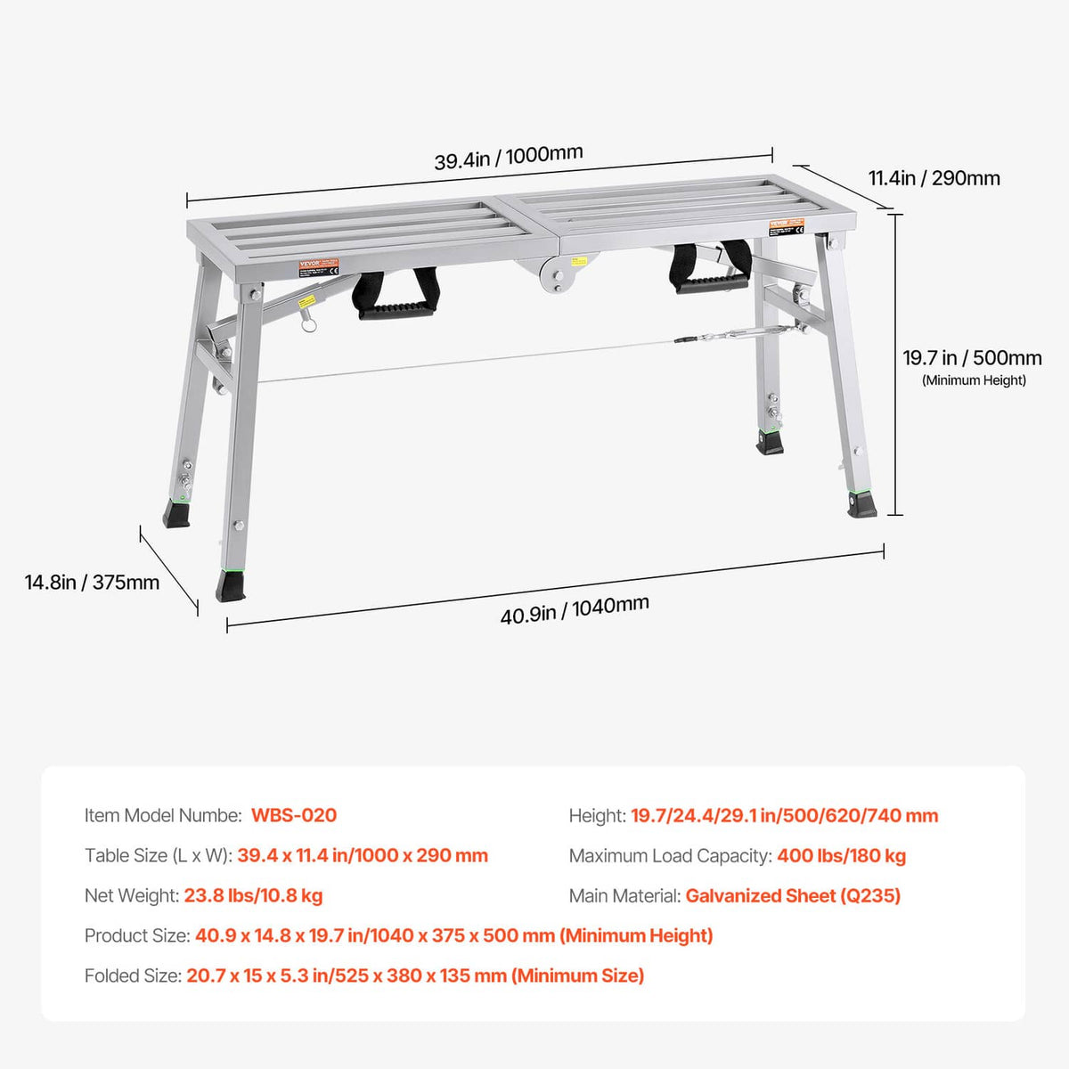 Portable scaffolding platform with labeled dimensions and three-point height range diagram
