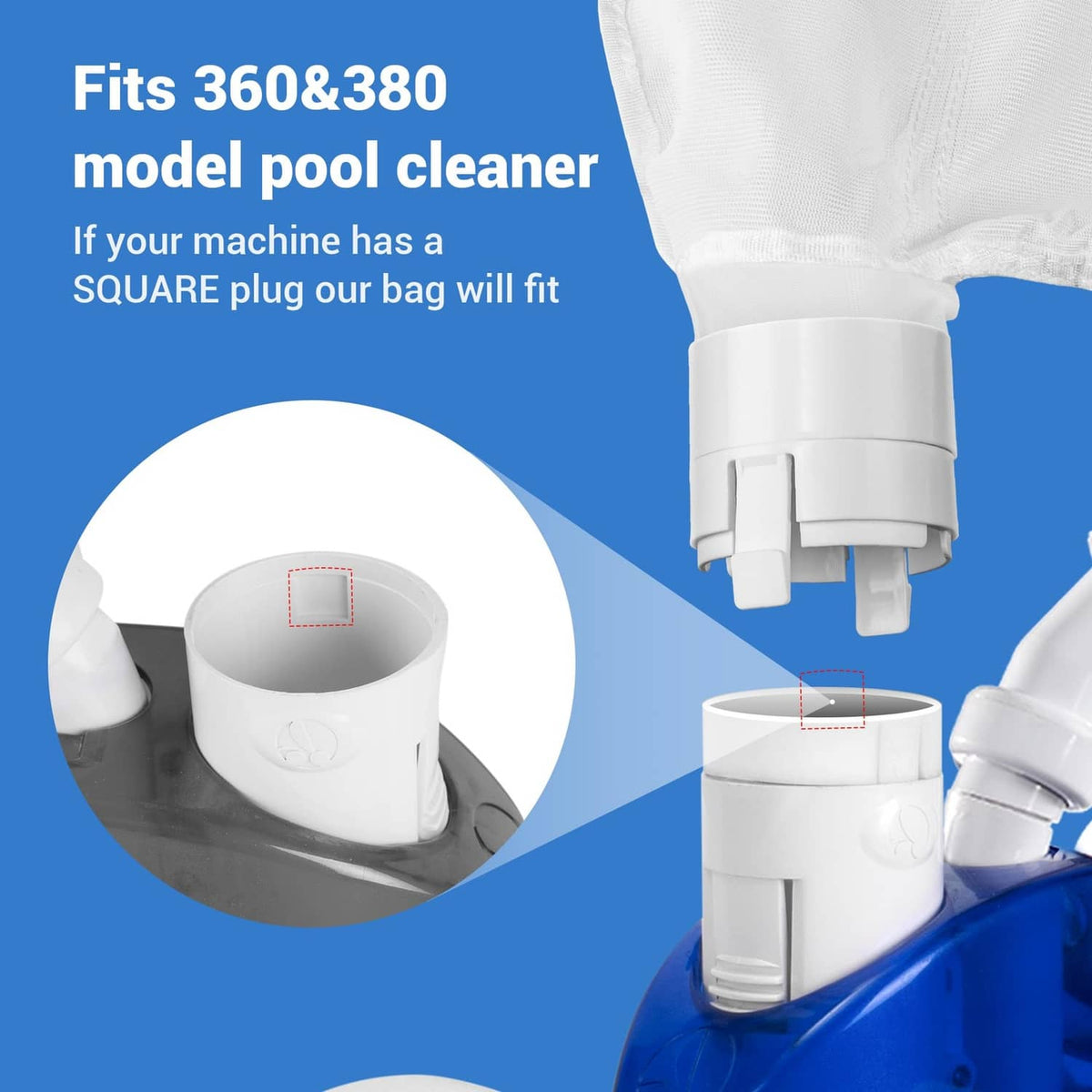 Filter bag attached to pool cleaner with snap-on connector