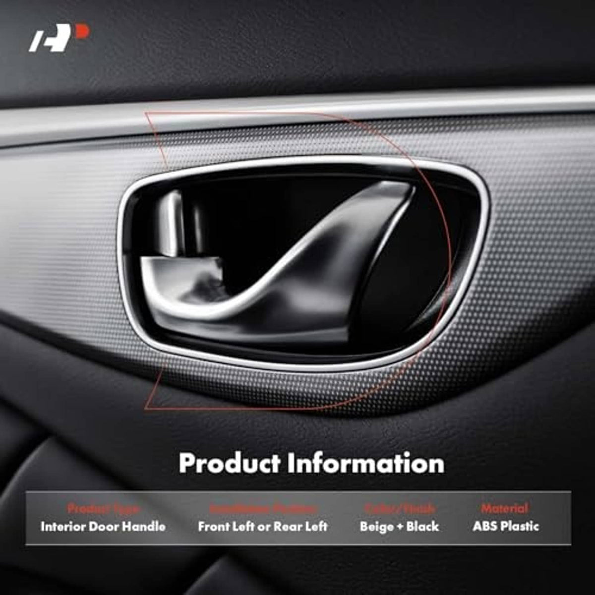 Installed left interior door handle in a car door panel, black with silver latch
