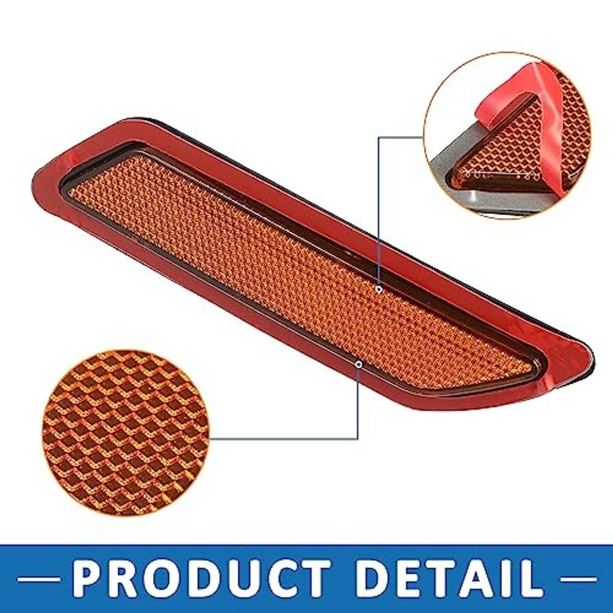 Front bumper side marker reflector with amber lens and red trim, close-up inset