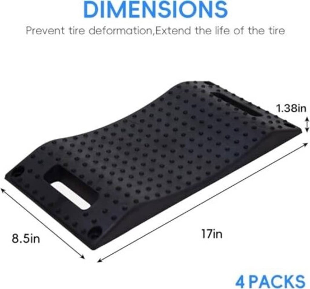 Black rubber tire ramp pad with four slots; textured anti-slip surface, curved profile.