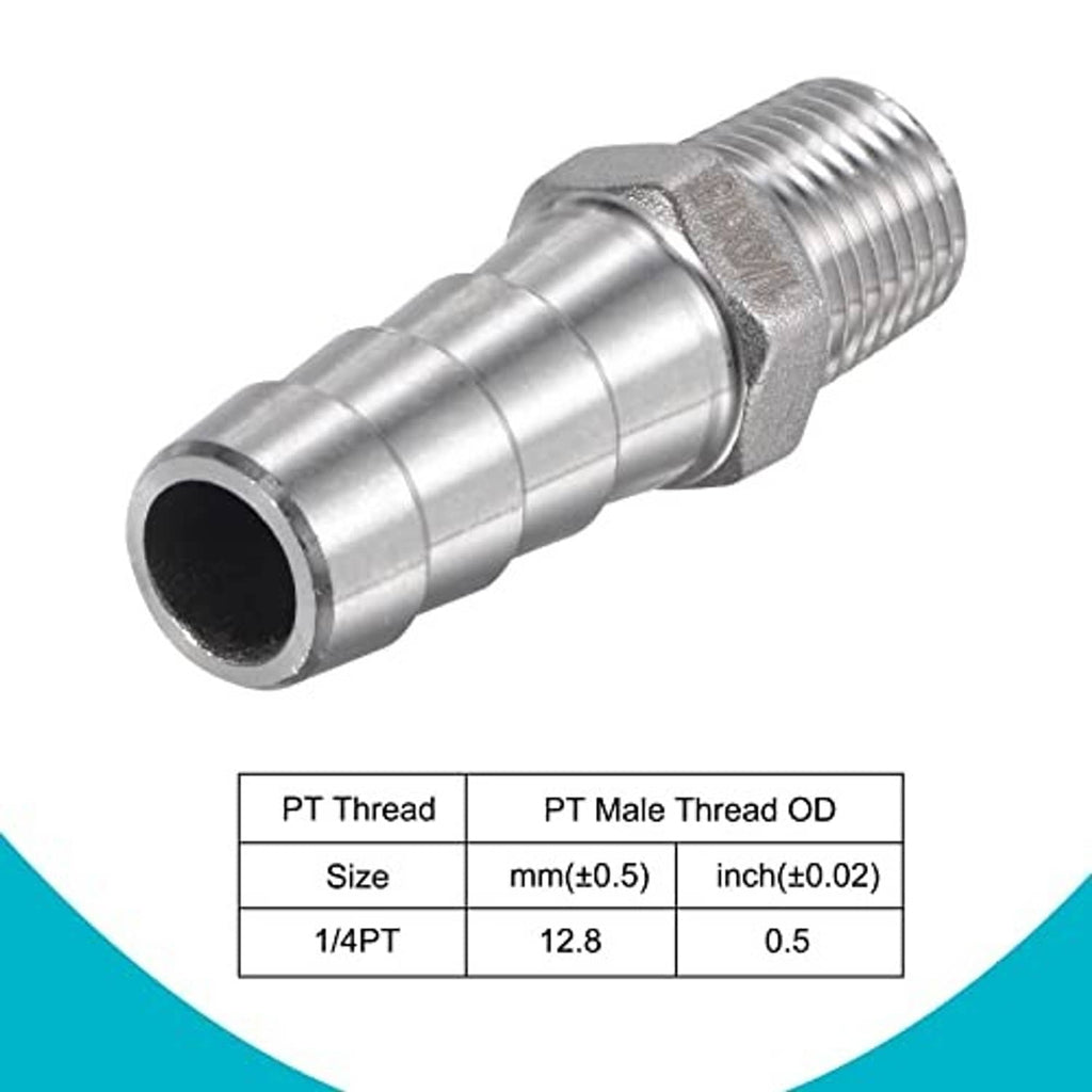 Stainless steel barbed hose fitting with male PT threads and barbed connection tip.