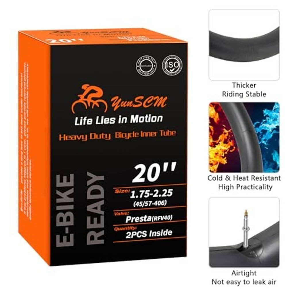 YUNSCM 2-pack 20-inch heavy-duty bike inner tubes with Presta valve, box and inserts