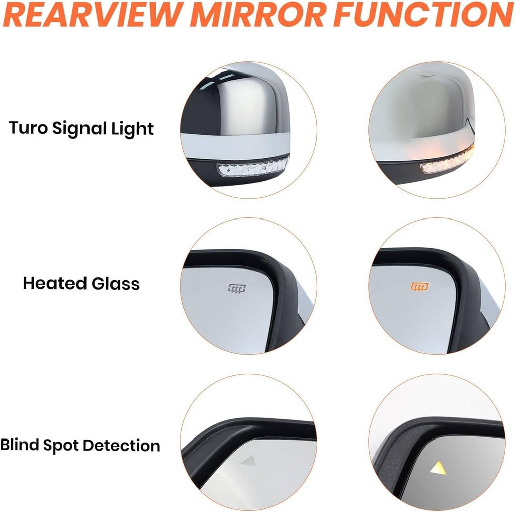 Driver-side mirror with heated glass and blind spot indicator, turn-signal light