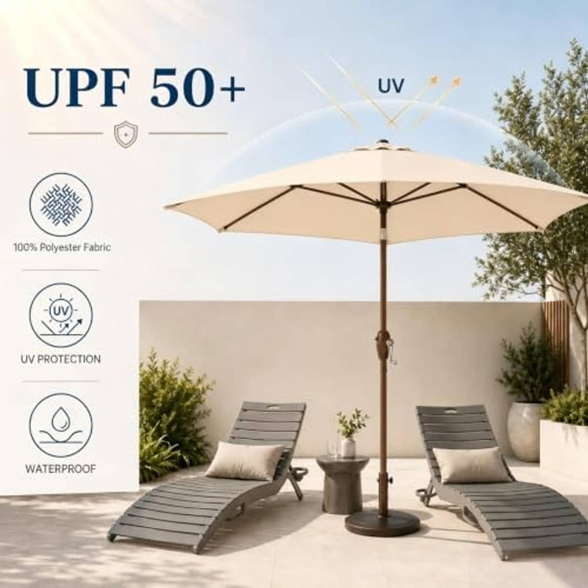 Outdoor patio umbrella with khaki canopy shading lounge chairs and small side table