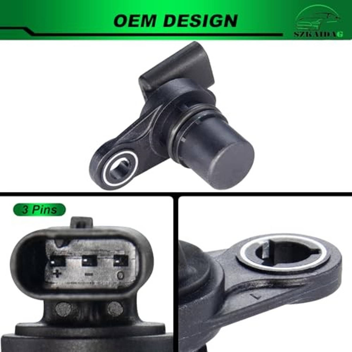 Camshaft position sensor with black connector and metal mounting bracket, 3-pin view