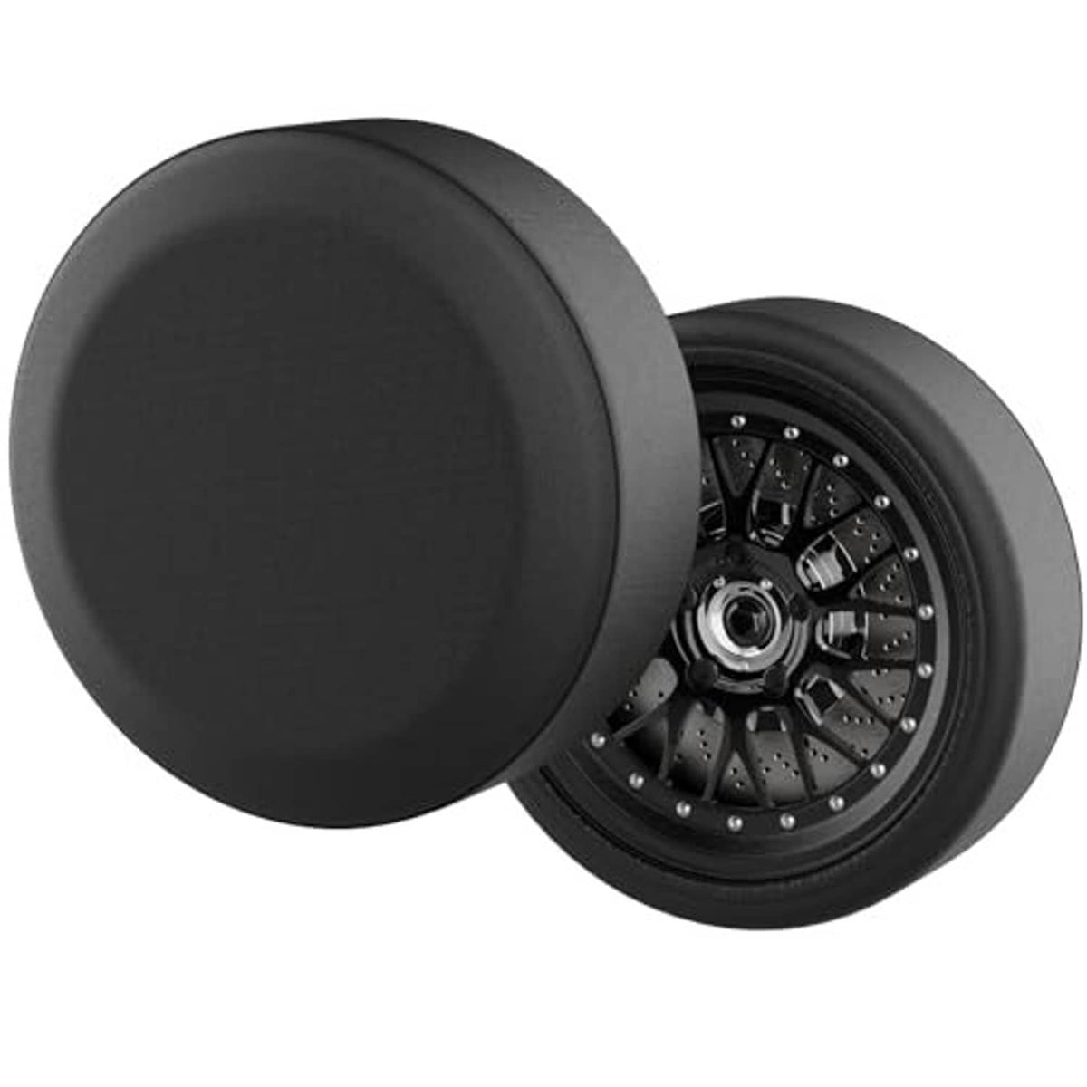 Black spare tire cover with round shape, fitted over black wheel