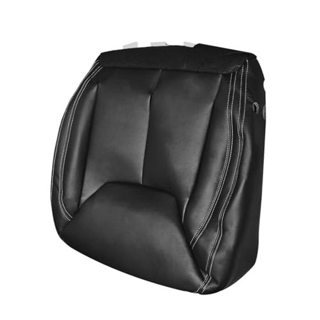 Black leather driver seat cover with stitched side wings and contoured lower cushion